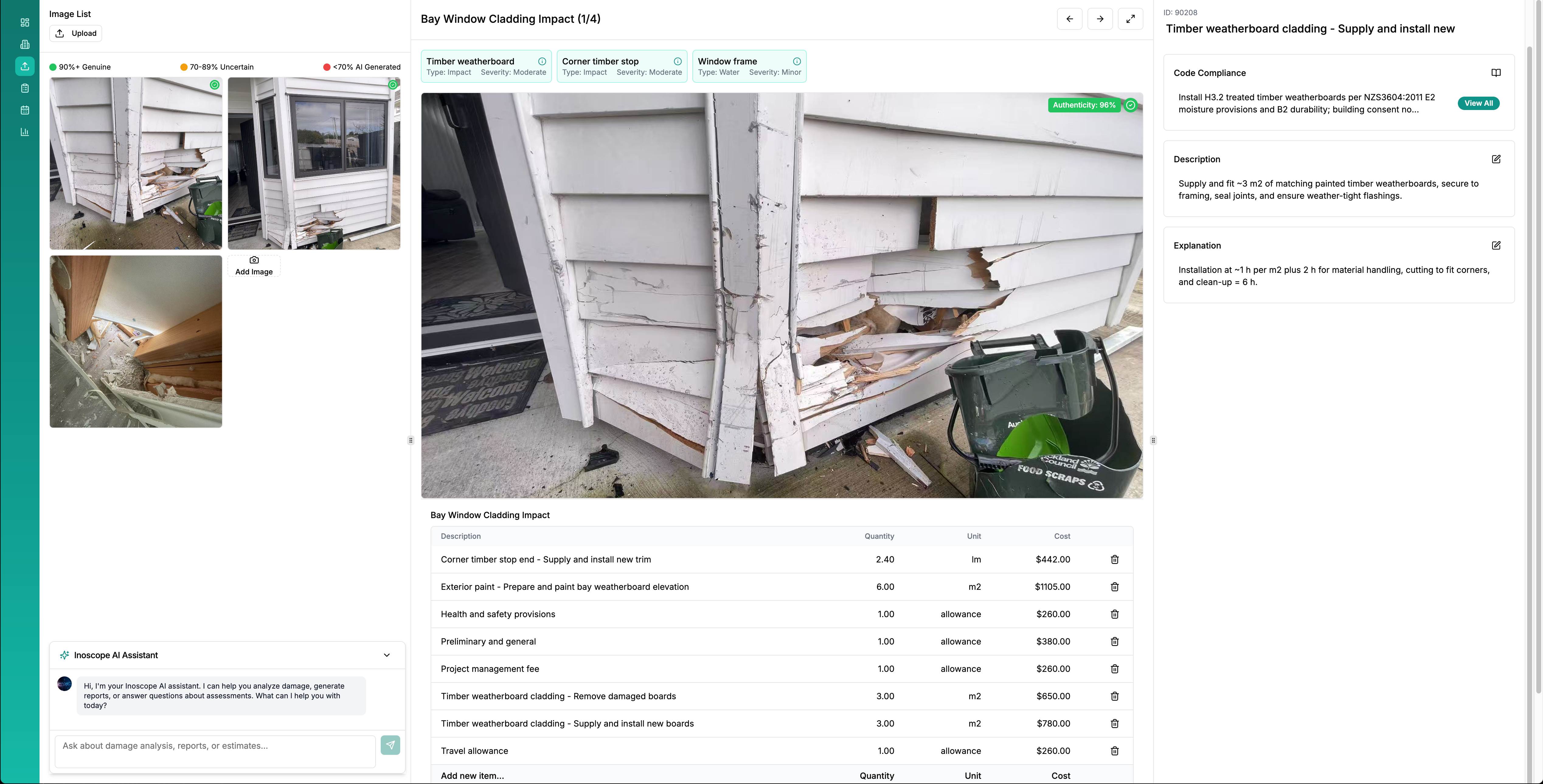 InoScope interface showing property assessment of damaged weatherboard cladding